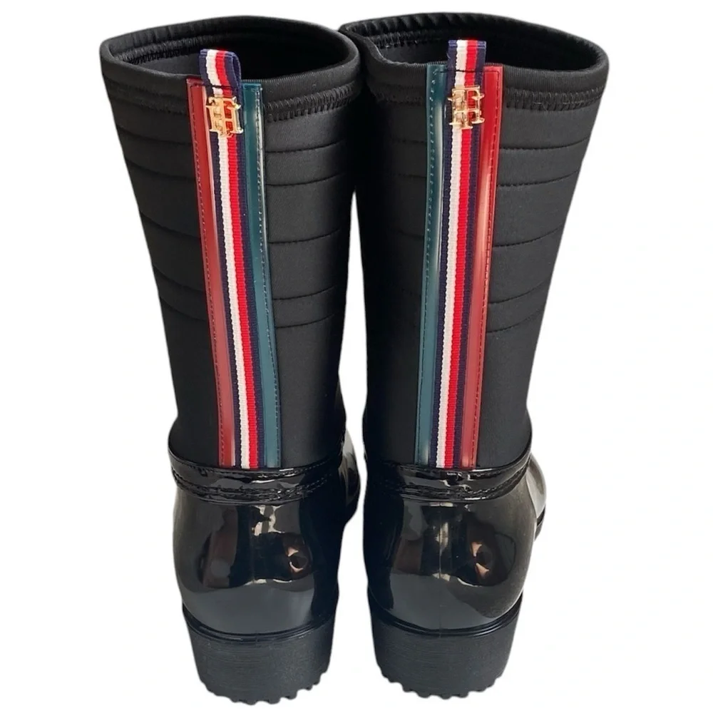 TOMMY HILFIGER Fonsi Rain Boots Round Almond Toe Black Red White Blue Women 8